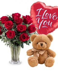 12 Red Roses with Balloon and Small Teddy Bear