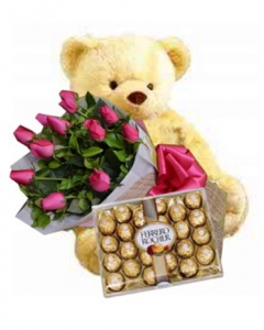 2ft brown teddy,24 Ferrero & 12 pink roses
