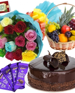 12 Mix Roses Bunch, 1/2 Kg Cake, 6 items Fruit Basket, 5 Dairy Milk + Card
