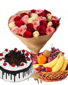 Bunch of 20 mixed Roses and 6 items fruits in Basket and cake