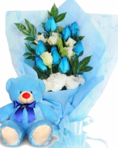 12 Blue & white Roses with Blue Bear