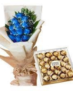 12 Blue Roses with 24 Pieces Ferrero Chocolate