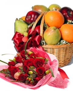 6 ITEMS Fresh Fruit Basket w/ Flower