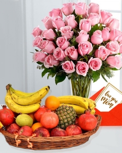 24 Pink Roses In A Vase With 6 ITEMS Fruit Basket For Mom