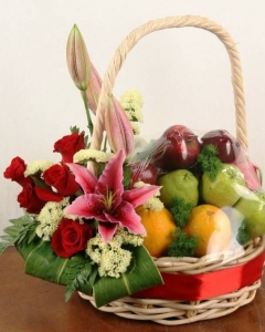 Roses With LILIES IN A 6 ITEMS Fruit Basket