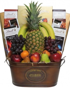 6 ITEMS Fresh Fruit Basket w/ 4 lindt chocolate bar & lindt box
