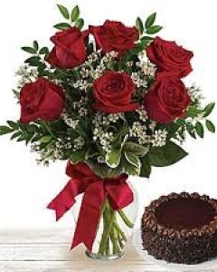 6 Red Roses vase with Chocolate cake