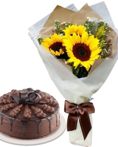 3 Sunflowers Bouquet with Chocolate Cake