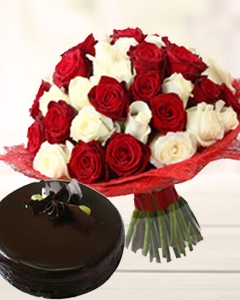 24 Roses ( red & white) With Chocolate Cake
