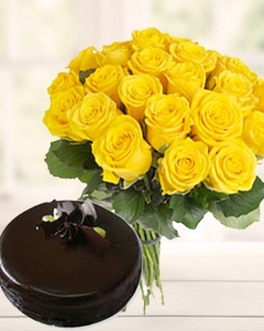 20 Yellow Roses With Chocolate Cake