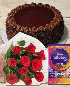 Cadbury BOX , Chocolate Cake & 12 RED ROSES BUNCH